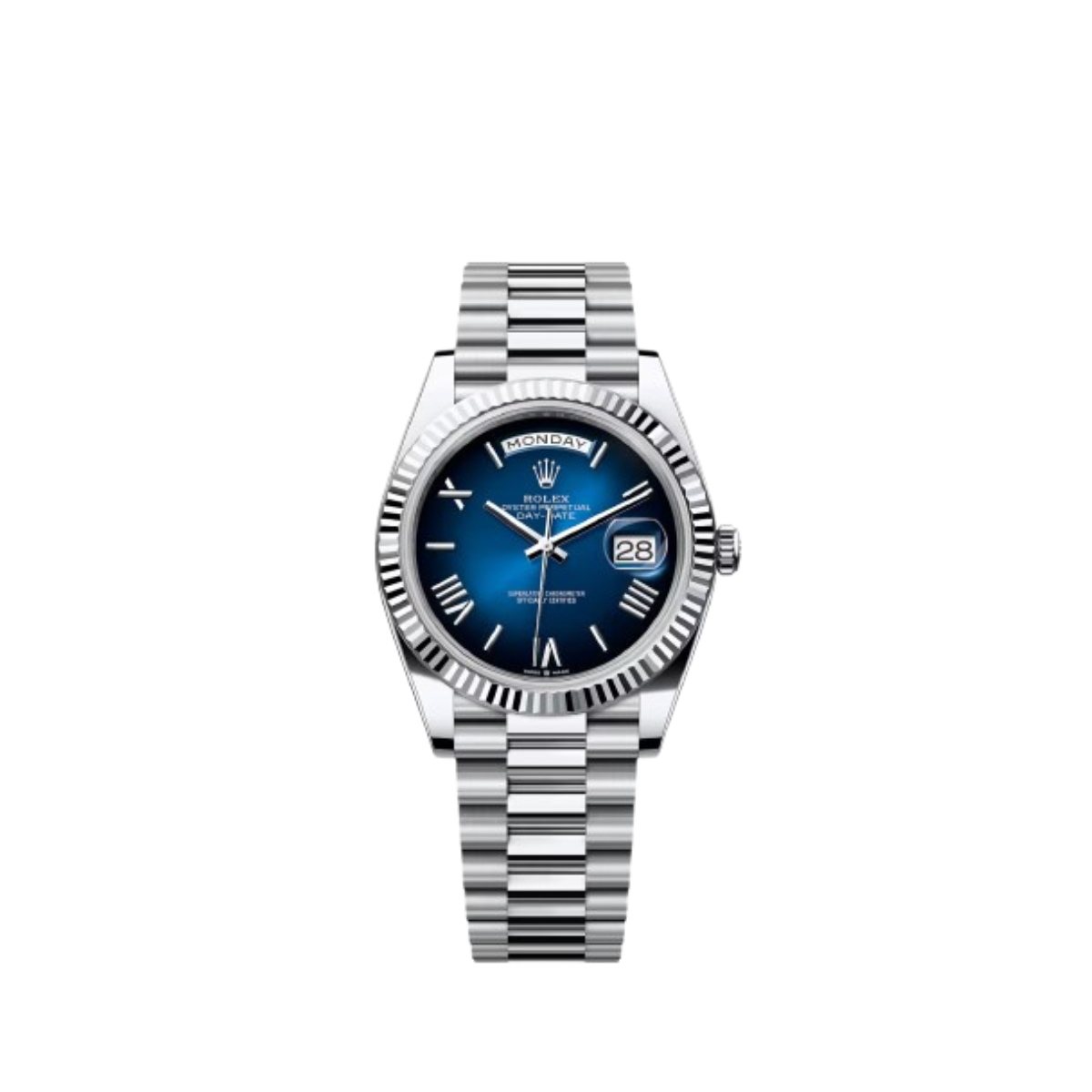Rolex Oyster Perpetual Day-Date 40 Blue Roman Dial Fluted Bezel President Bracelet Automatic Watch