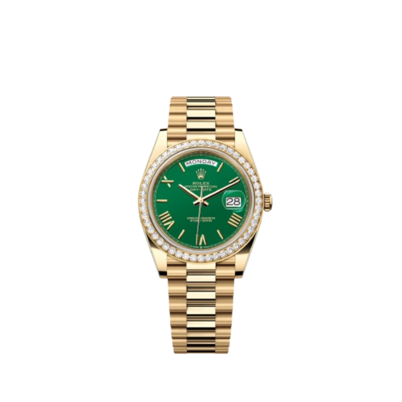 Rolex Oyster Perpetual Day-Date 40 228348RBR Yellow Gold Diamond Bezel Green Roman Dial President Bracelet Automatic Watch