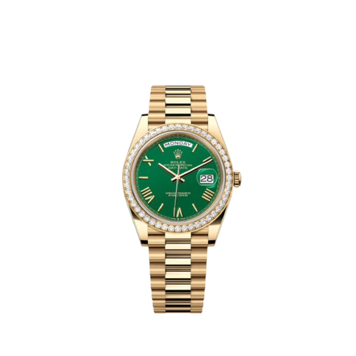 Rolex Oyster Perpetual Day-Date 40 228348RBR Yellow Gold Diamond Bezel Green Roman Dial President Bracelet Automatic Watch